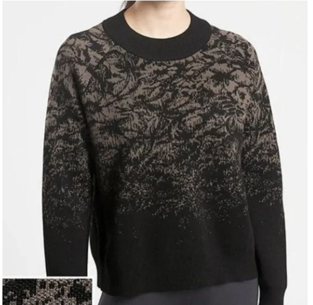 Athleta Jacquard Merino Wool Crew Sweater Women XS Black Frosted Floral Pullover